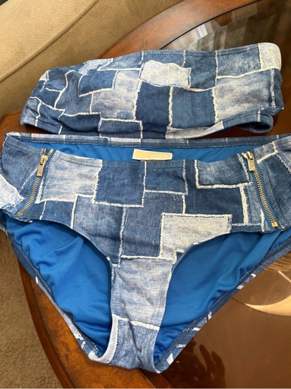 MICHAEL Michael Kors 2 pc denim patchwork Bandeau swimsuit 
Size Large